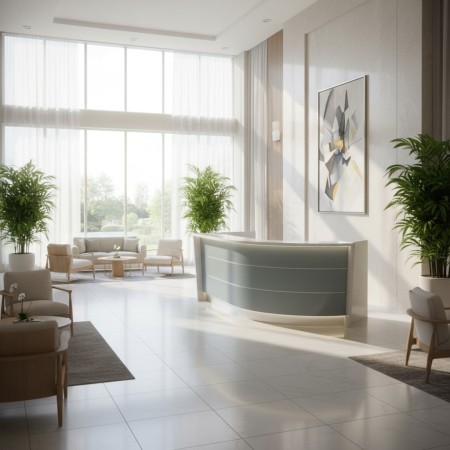 Banque d'accueil dans réception d'hôtel avec fauteuils et tables basses