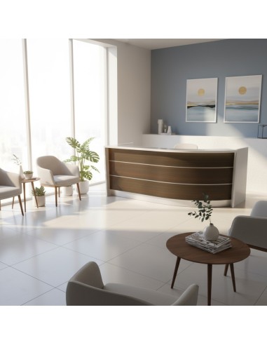 Meuble de réception avec façade en bois foncé dans salle d'attente d'un cabinet médical