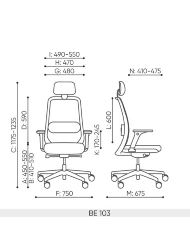 Dimensions techniques de la chaise Belt BE 103 Grey avec appuie-tête et mesures détaillées