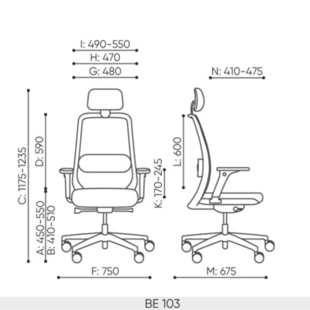 Dimensions techniques de la chaise Belt BE 103 Grey avec appuie-tête et mesures détaillées