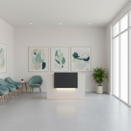 Meuble de réception beige dans espace d'attente avec fauteuil et table basse