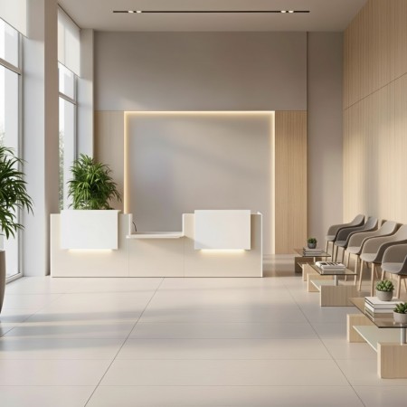 Banque d'accueil avec accès PMR dans pièce lumineuse et chaleureuse