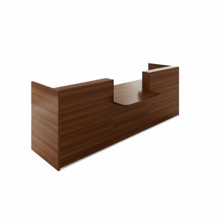 	Banque d'accueil en bois foncé avec module plus bas au centre