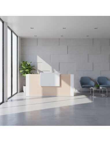 Meuble de réception en bois clair et blanc dans un espace d'accueil et d'attente