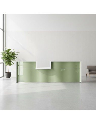 Banque d'accueil verte avec accès PMR et tablette intégrée dans espace d'accueil