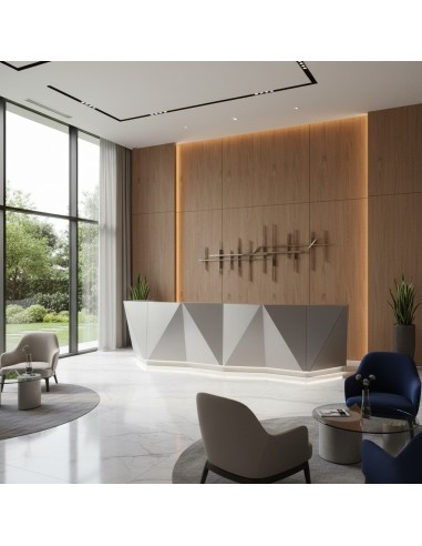 Meuble de réception gris dans espace d'accueil avec fauteuil et table basse d'attente