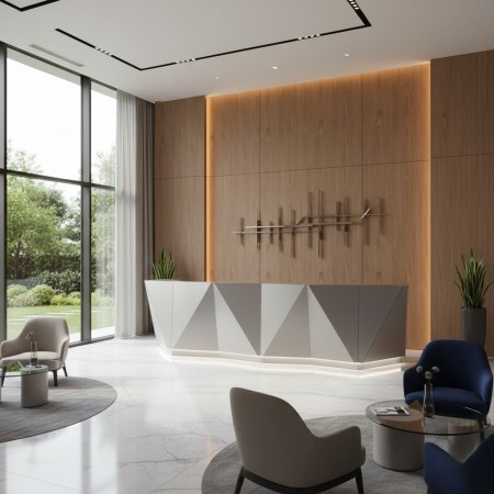 Meuble de réception gris dans espace d'accueil avec fauteuil et table basse d'attente