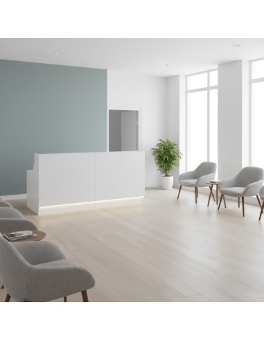 Espace de salle d'attente avec meuble de réception blanc et fauteuils gris