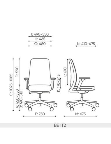 Schéma technique de la chaise Belt BE 1T 2G avec dimensions détaillées
