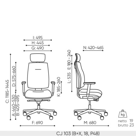 Schéma technique du fauteuil Corr CJ 103 noir avec dimensions et réglages