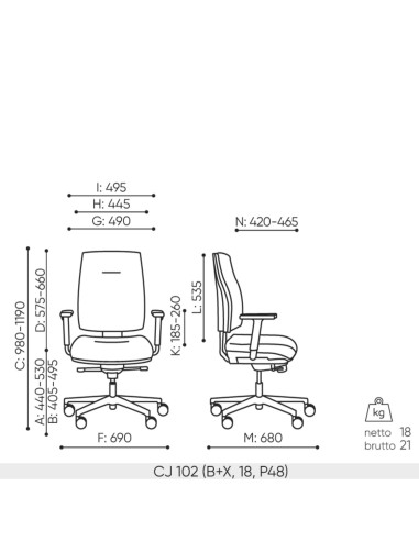 Schéma technique du fauteuil Corr CJ 102 noir avec dimensions précises
