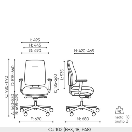 Schéma technique du fauteuil Corr CJ 102 noir avec dimensions précises