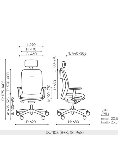 Schéma technique du fauteuil Bejot Dual DU 103 noir avec dimensions détaillées