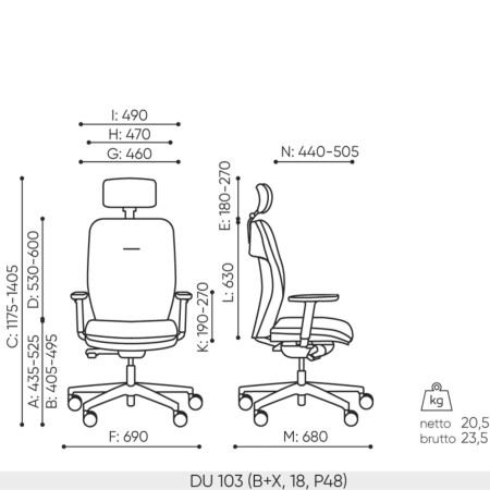 Schéma technique du fauteuil Bejot Dual DU 103 noir avec dimensions détaillées