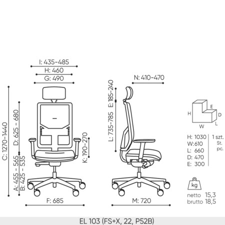 Schéma technique du fauteuil Eleven EL 103 noir avec dimensions complètes
