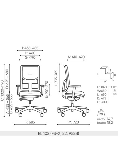 Schéma technique du fauteuil Bejot Eleven EL 102 noir avec dimensions détaillées
