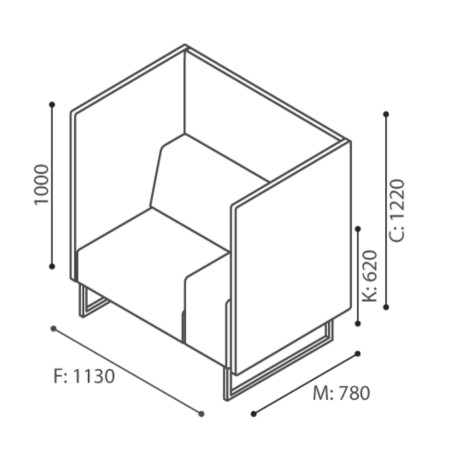 Dimensions du module de canapé haut avec dossier, accoudoir et base métallique noire. - Plint