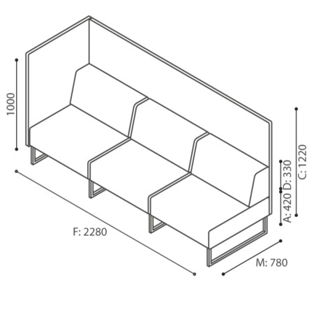 Dimensions du canapé trois places à dossier haut, soutenu par une base métallique noire robuste. - Plint