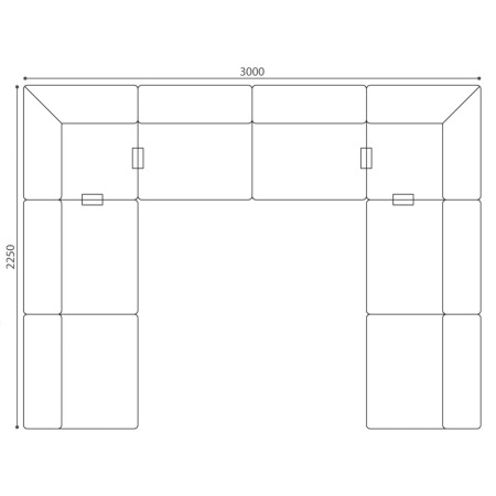 Dimensions de la configuration en U, composée de plusieurs modules d’assise reliés entre eux. - Plint