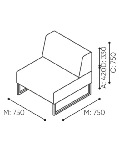 Dimensions du module individuel à dossier bas, soutenu par une base métallique. - Plint