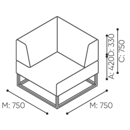 Dimensions du module avec dossier haut et accoudoirs latéraux intégrés. - Plint