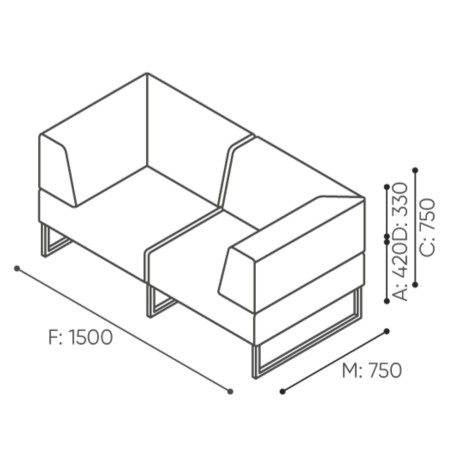 Dimensions du module d’angle avec dossier haut et accoudoirs intégrés. - Plint