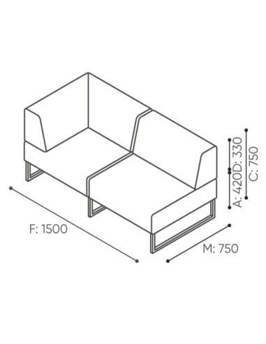 Dimensions du module d’angle à dossier bas, conçu pour une configuration en coin. - Plint