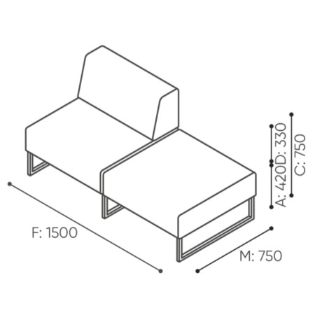 Dimensions du module individuel à dossier haut, offrant un confort d’assise accru. - Plint