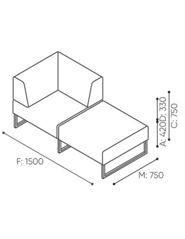 Dimensions du module compact avec dossier et accoudoirs hauts. - Plint