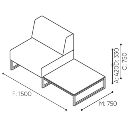 Dimensions du module d’assise individuelle avec dossier moyen et design géométrique. - Plint