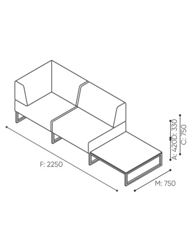 Dimensions du module avec assise double et dossier sur un seul côté, idéal pour une composition en angle. - Plint