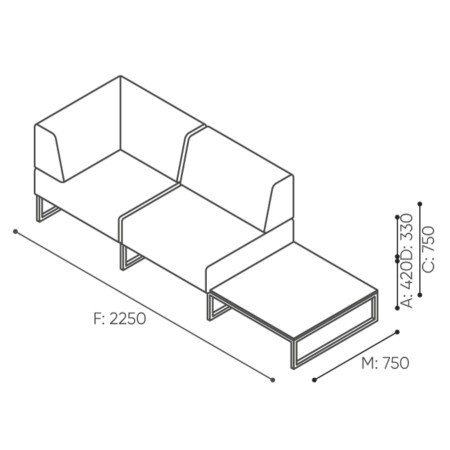 Dimensions du module avec assise double et dossier sur un seul côté, idéal pour une composition en angle. - Plint