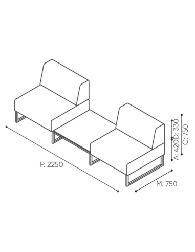 Dimensions du module avec une seule assise et un dossier sur le côté droit. - Plint