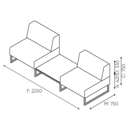 Dimensions du module avec une seule assise et un dossier sur le côté droit. - Plint