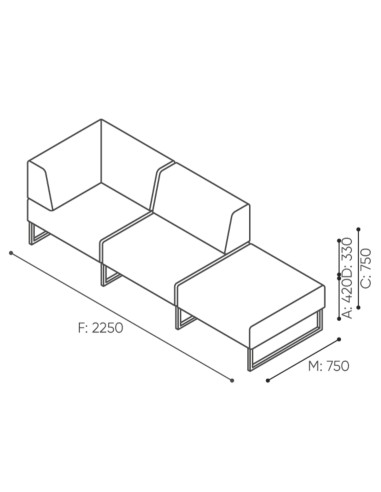 Dimensions du module avec une seule assise et un dossier sur le côté gauche. - Plint