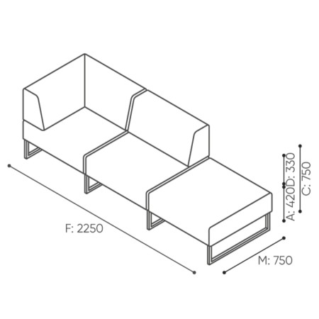 Dimensions du module avec une seule assise et un dossier sur le côté gauche. - Plint