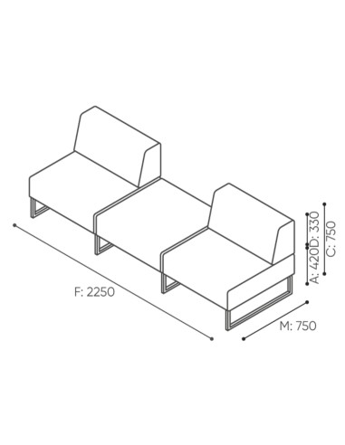 Dimensions du module central sans accoudoir, adaptable à différentes configurations. - Plint