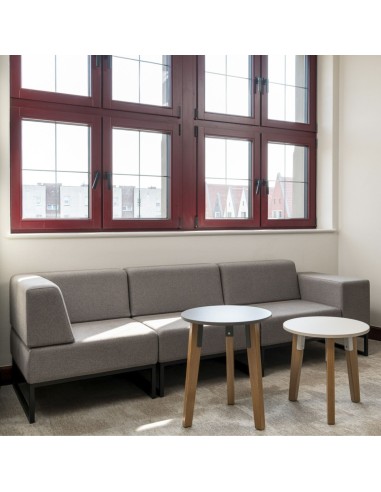 Un grand canapé modulaire gris clair positionné sous une fenêtre, offrant un espace convivial et élégant. - Plint