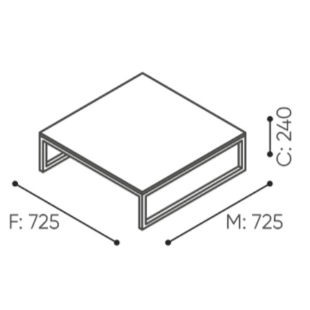Dimensions de la table basse carrée avec plateau en bois clair et structure métallique noire. - Plint