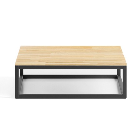 Vue frontale de la table basse Plint avec structure métallique ouverte, soulignant son design fonctionnel et minimaliste. - Plin