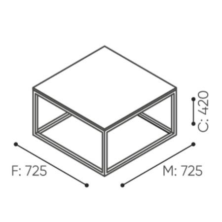 Dimensions de la table basse carrée Plint, modèle bas à structure ouverte pour une intégration harmonieuse. - Plint