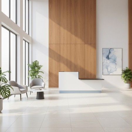 Banque d'accueil noir avec module bas et siège de travail noir et gris