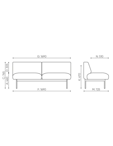 Dimensions du canapé tapissé deux places Fora Office. - Fora Office