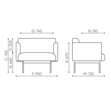 Dimensions du fauteuil tapissé avec cloisons acoustiques Fora Office. - Fora Office