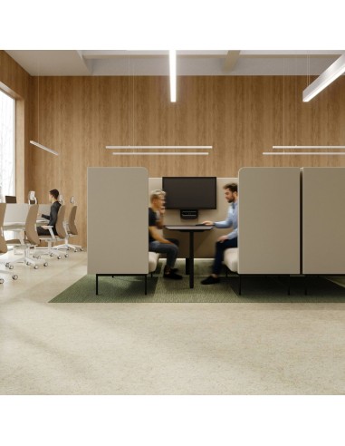 Espace de bureau moderne avec canapés acoustiques créant des zones de confidentialité. - Fora Office