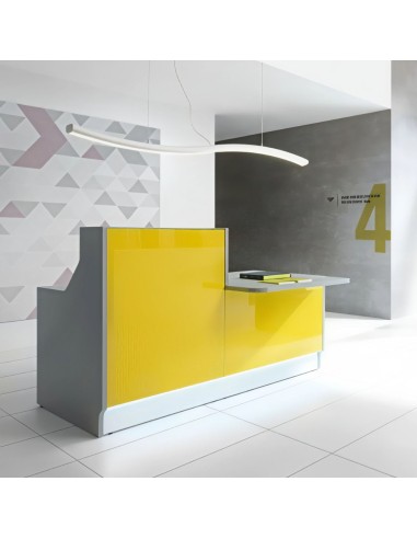 Meuble de réception jaune et gris dans hall d'entrée chaleureux