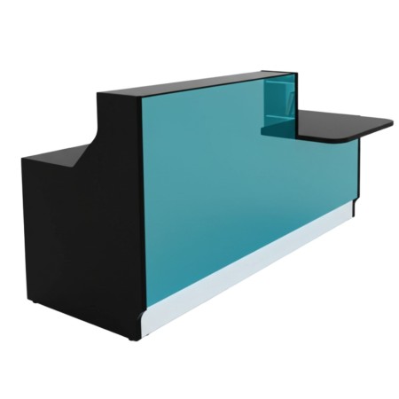 Meuble de réception façade turquoise, structure noire, avec accès PMR