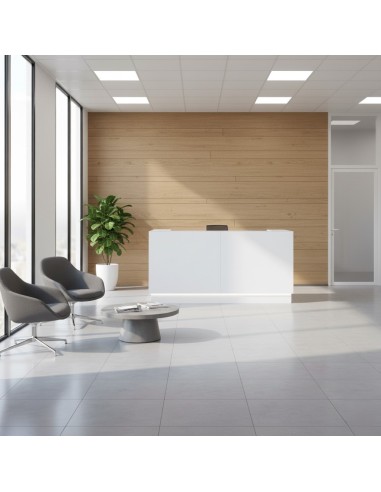 Banque d'acceuil blanche avec led intégérée dans espace d'accueil lumineux