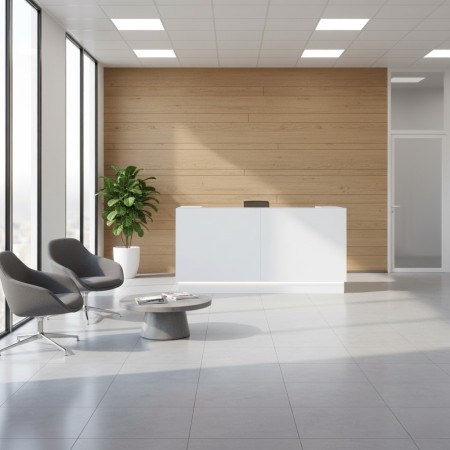 Banque d'acceuil blanche avec led intégérée dans espace d'accueil lumineux