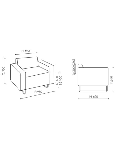 Dimensions du fauteuil tapissé modulaire avec accoudoirs et piètement métallique. - Quadra